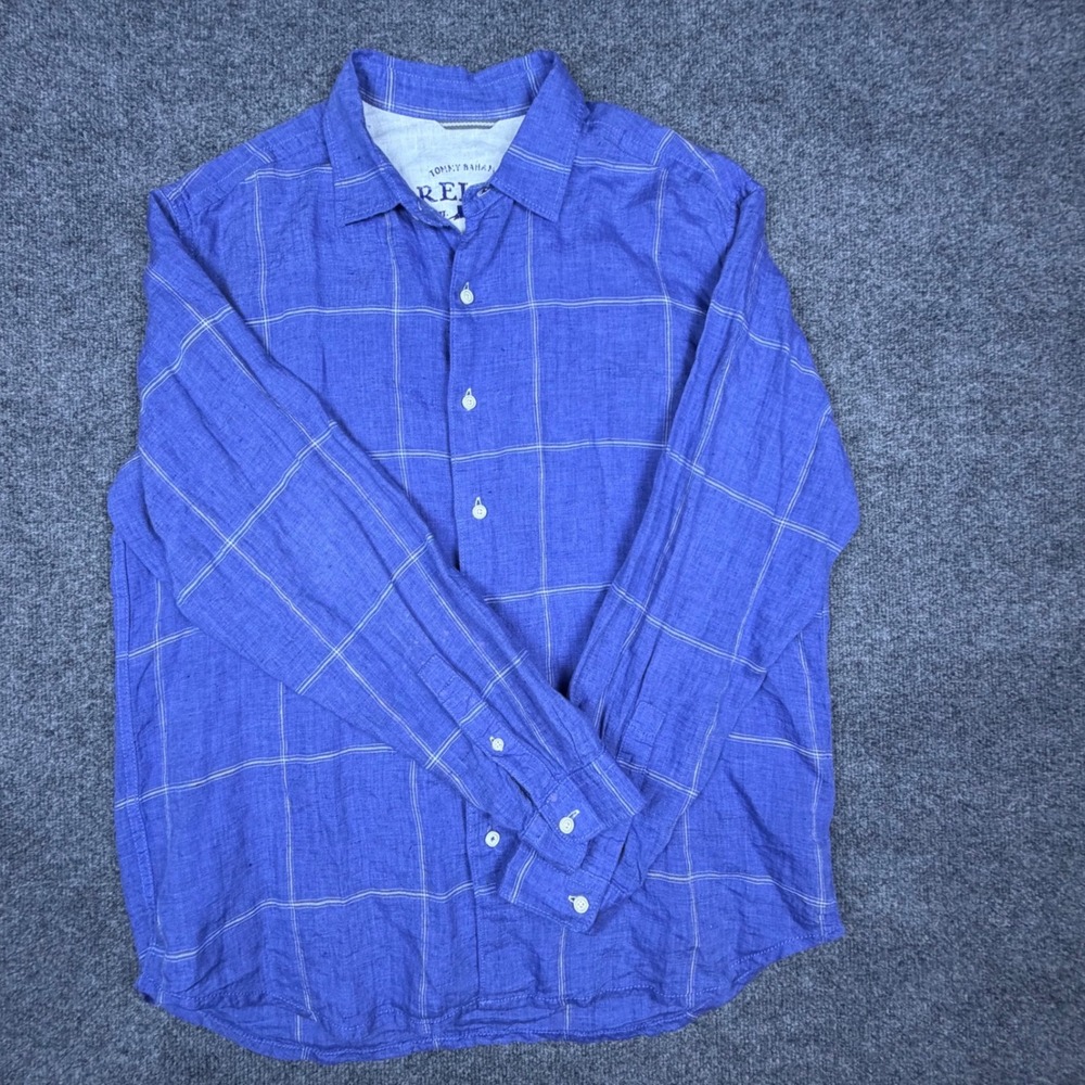 Tommy Bahama Relax Mens Blue Windowpane 100% Linen Button Down Shirt Medium